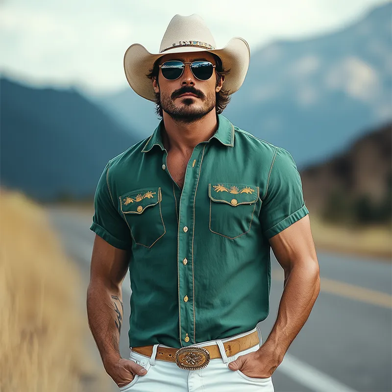 Men's Casual American Western Tough Style Cotton Blend Embroidered Slim Short Sleeve Shirt MTA1639F7K sold by Manly product image thumbnail 3