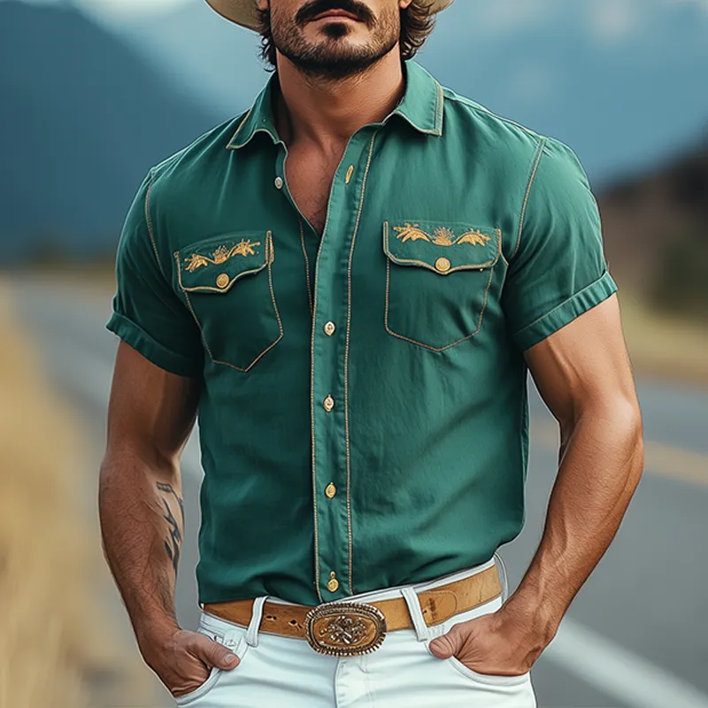 Men's Casual American Western Tough Style Cotton Blend Embroidered Slim Short Sleeve Shirt MTA1639F7K sold by Manly product image thumbnail 2