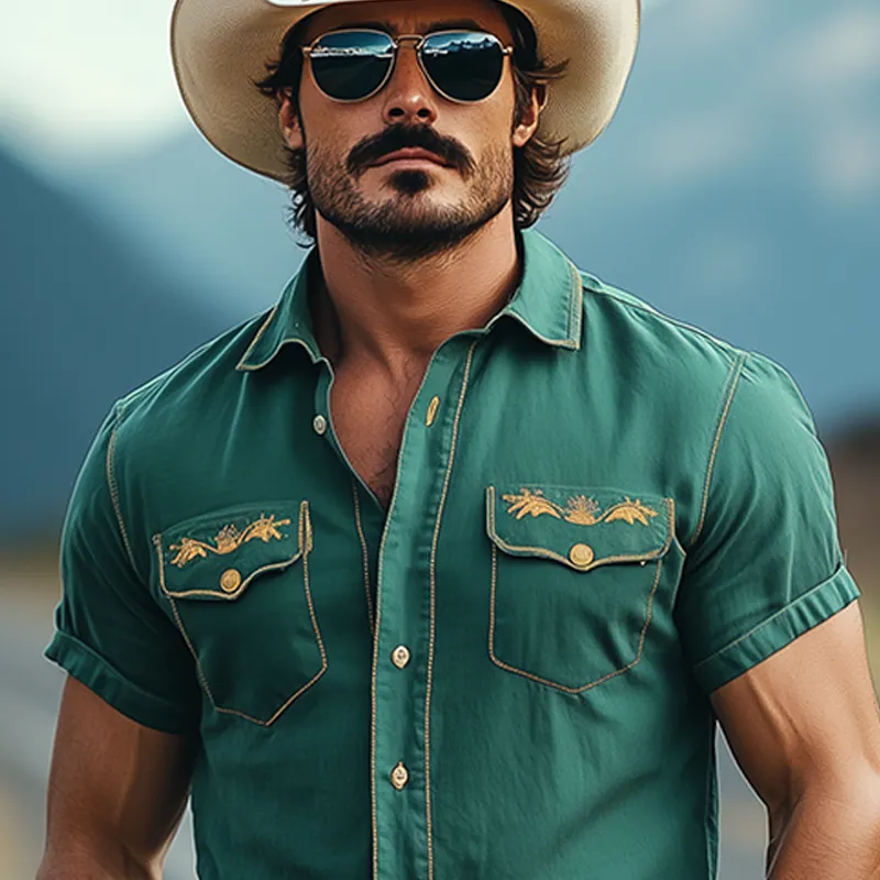 Men's Casual American Western Tough Style Cotton Blend Embroidered Slim Short Sleeve Shirt MTA1639F7K sold by Manly product image thumbnail 4