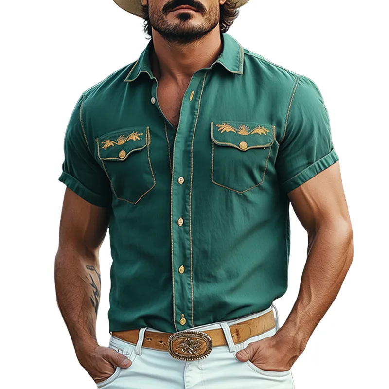 Men's Casual American Western Tough Style Cotton Blend Embroidered Slim Short Sleeve Shirt MTA1639F7K sold by Manly