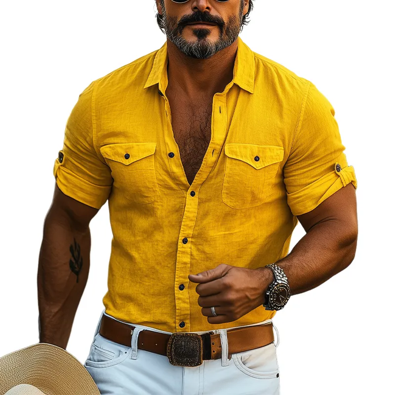 Men's Casual American Western Tough Style Tencel Linen Slim Short-sleeved Shirt MTA1609F2K sold by Manly