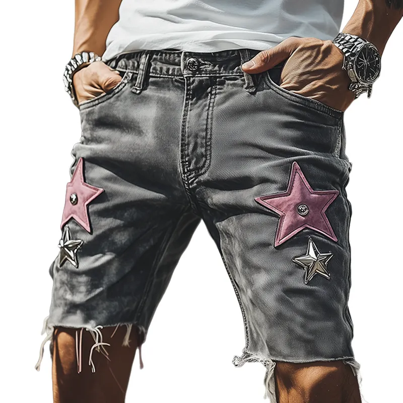 Men's Spring And Summer Fashion Casual Western American Style Western Tough Guy Style Washed Denim Shorts MTA1338F8K sold by Manly