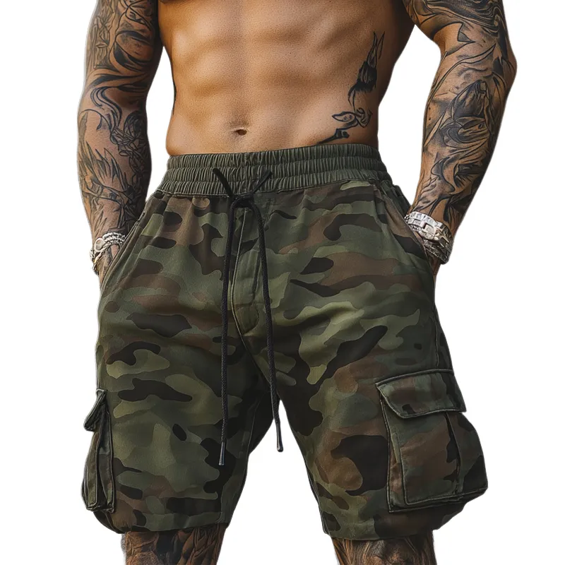 Men's Outdoor Camouflage Print Multi-Pocket Elastic Waist Cargo Shorts MTA1692F2X sold by Manly