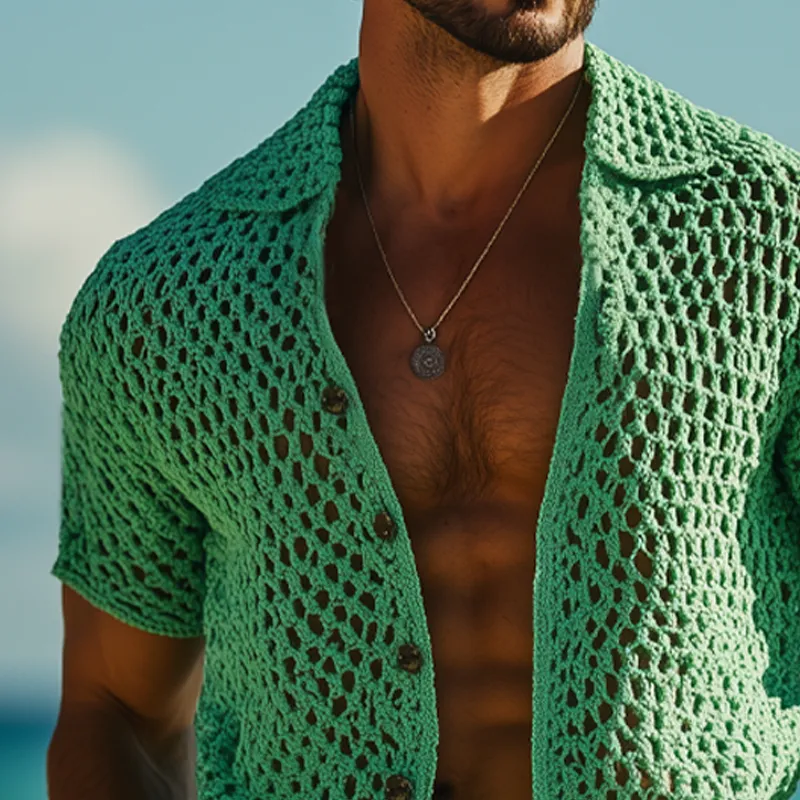 Men's Summer Breathable Knitted Hollow Short-Sleeved Shirt MTA1639F5U sold by Manly product image thumbnail 5