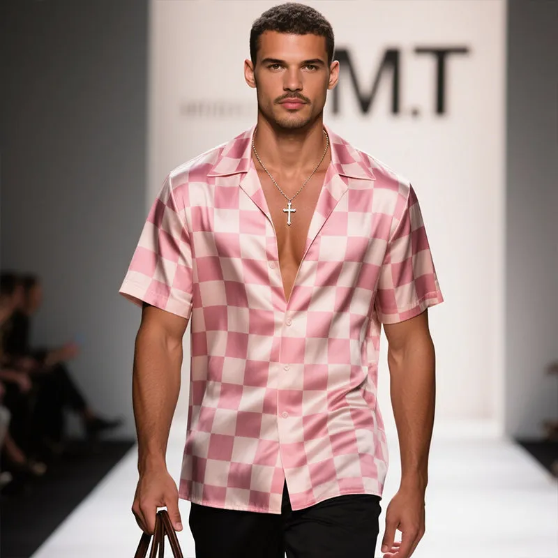Men's Retro Casual Checkerboard Satin Print Lapel Short Sleeve Shirt MTA2967E4TO sold by Manly product image thumbnail 3