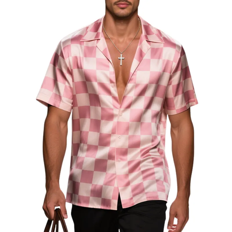 Men's Retro Casual Checkerboard Satin Print Lapel Short Sleeve Shirt MTA2967E4TO sold by Manly