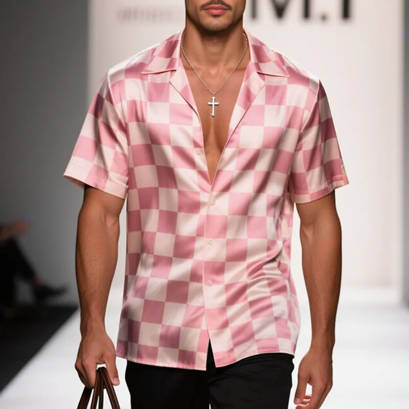 Men's Retro Casual Checkerboard Satin Print Lapel Short Sleeve Shirt MTA2967E4TO sold by Manly product image thumbnail 2