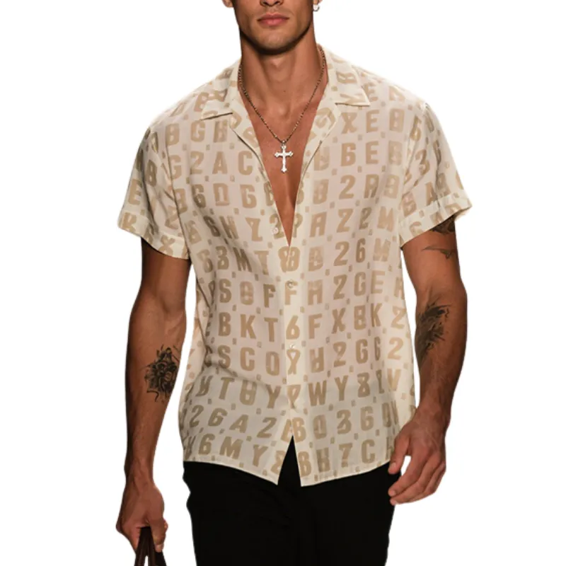 Men's Retro Casual Letter Mesh Printed Lapel Short Sleeve Shirt MTA2949E0TO sold by Manly
