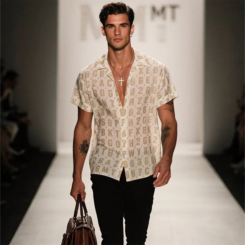 Men's Retro Casual Letter Mesh Printed Lapel Short Sleeve Shirt MTA2949E0TO sold by Manly product image thumbnail 3