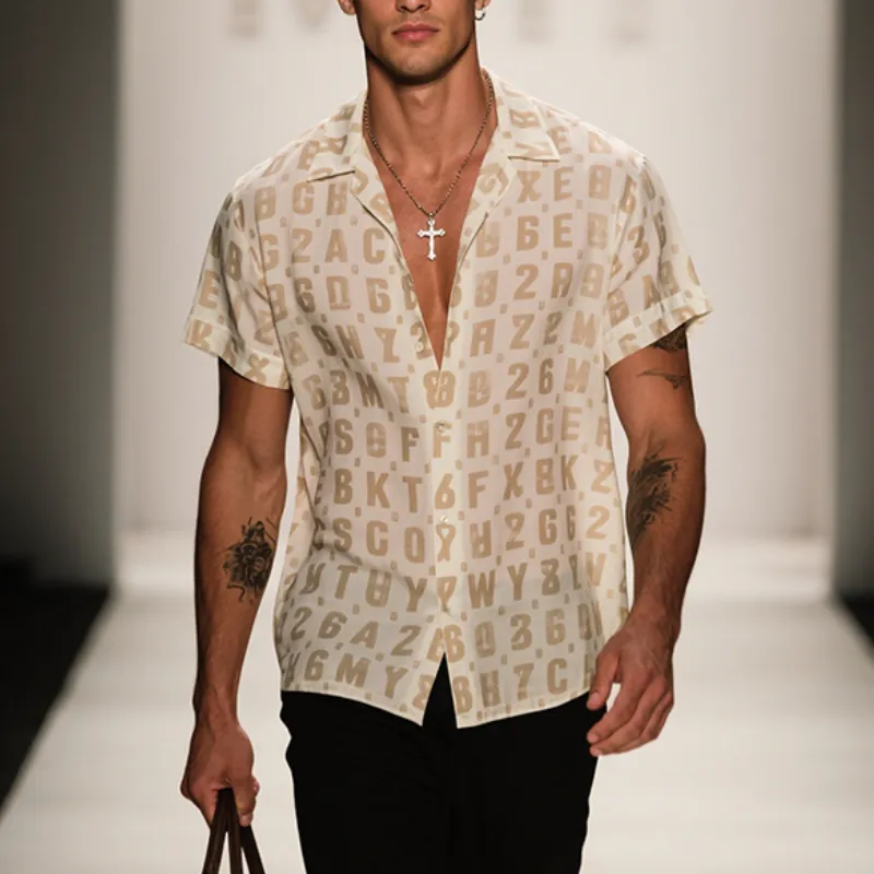 Men's Retro Casual Letter Mesh Printed Lapel Short Sleeve Shirt MTA2949E0TO sold by Manly product image thumbnail 2