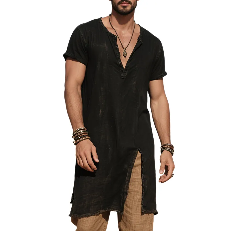 Men's Vintage Casual Cotton Washed Long Henley Short Sleeve T-Shirt MTA1836F0TO sold by Manly