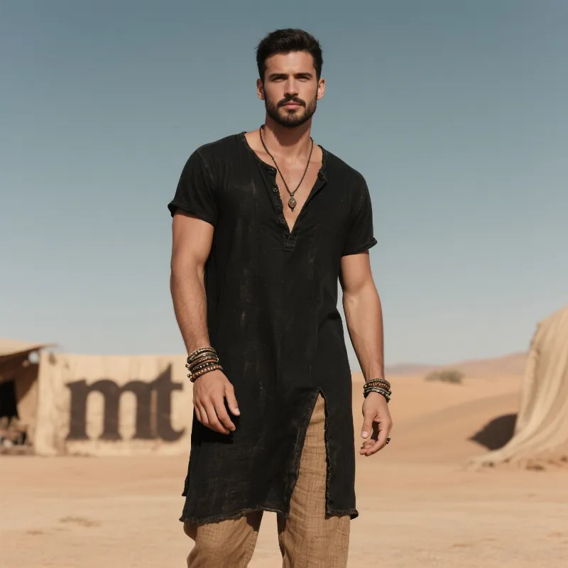 Men's Vintage Casual Cotton Washed Long Henley Short Sleeve T-Shirt MTA1836F0TO sold by Manly product image thumbnail 3