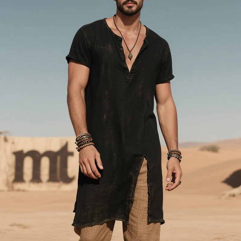 Men's Vintage Casual Cotton Washed Long Henley Short Sleeve T-Shirt MTA1836F0TO sold by Manly product image thumbnail 2