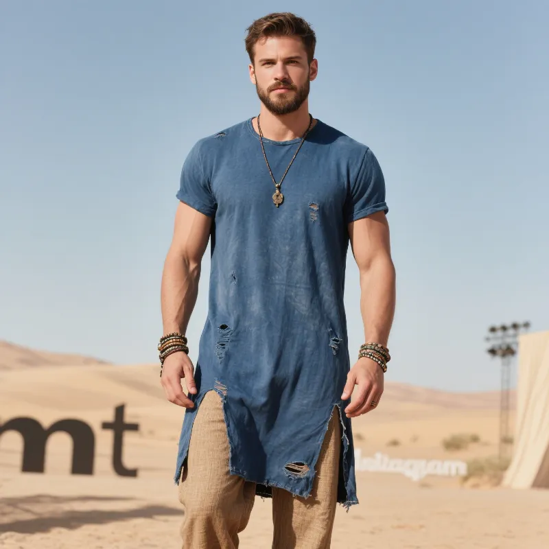 Men's Retro Casual Cotton Ripped Mid-Length Round Neck Short Sleeve T-Shirt MTA1844F5TO sold by Manly product image thumbnail 3