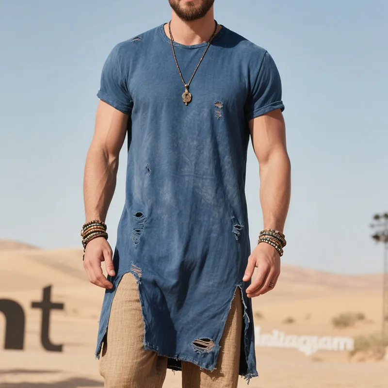 Men's Retro Casual Cotton Ripped Mid-Length Round Neck Short Sleeve T-Shirt MTA1844F5TO sold by Manly product image thumbnail 2