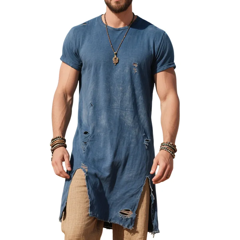 Men's Retro Casual Cotton Ripped Mid-Length Round Neck Short Sleeve T-Shirt MTA1844F5TO sold by Manly