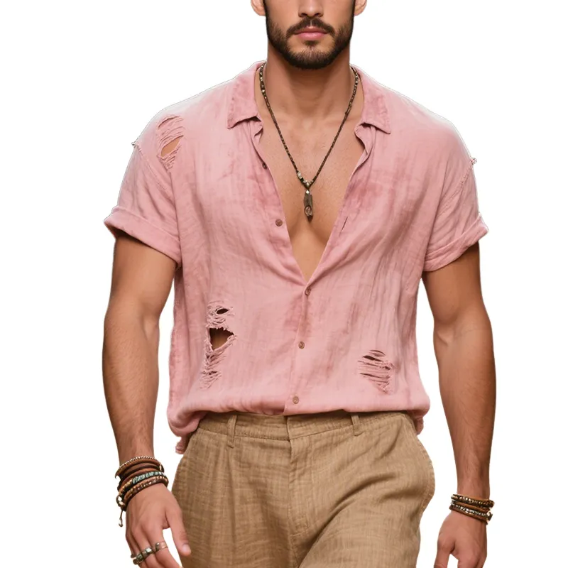 Men's Vintage Casual Cotton Ripped Lapel Short Sleeve Shirt MTA1868F9TO sold by Manly