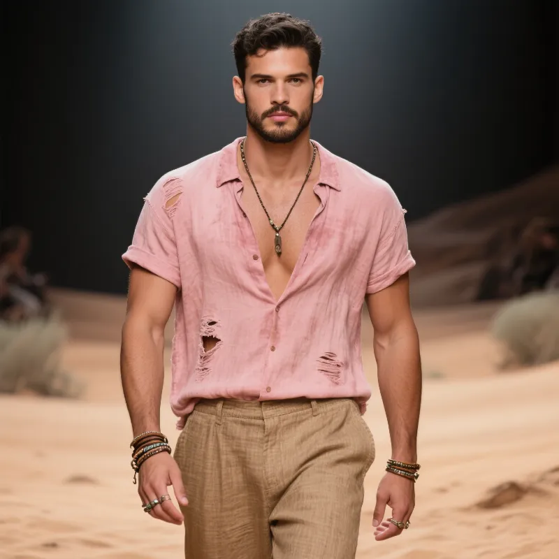 Men's Vintage Casual Cotton Ripped Lapel Short Sleeve Shirt MTA1868F9TO sold by Manly product image thumbnail 3