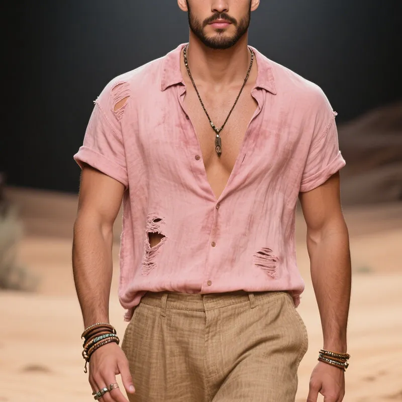 Men's Vintage Casual Cotton Ripped Lapel Short Sleeve Shirt MTA1868F9TO sold by Manly product image thumbnail 2