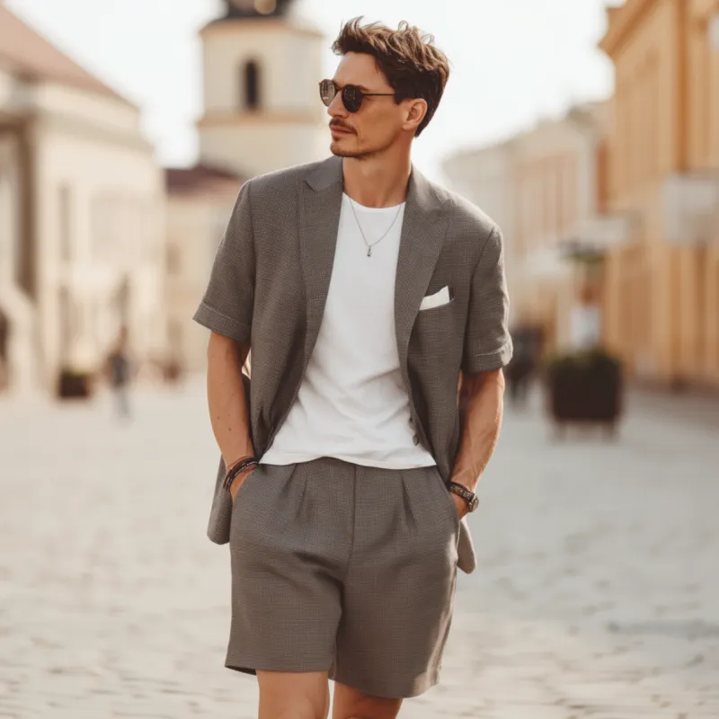 Men's Casual Textured Cotton Blended Notch Lapel Short-sleeved Blazer Suit Shorts Set (T-Shirt Excluded) MTA1841F8M sold by Manly product image thumbnail 3