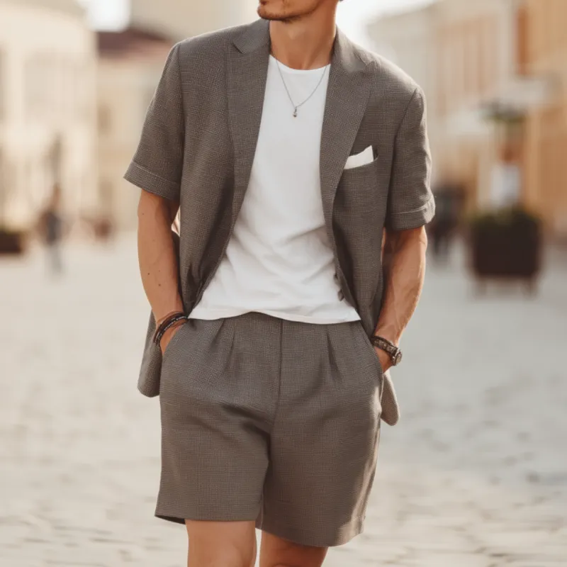 Men's Casual Textured Cotton Blended Notch Lapel Short-sleeved Blazer Suit Shorts Set (T-Shirt Excluded) MTA1841F8M sold by Manly product image thumbnail 2