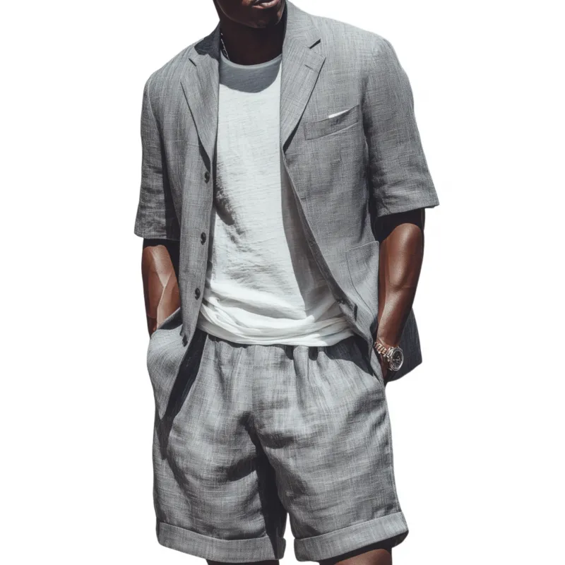 Men's Casual Breathable Cotton Linen Notch Lapel Short-sleeved Blazer Suit Shorts Set (T-Shirt Excluded) MTA1836F9M sold by Manly