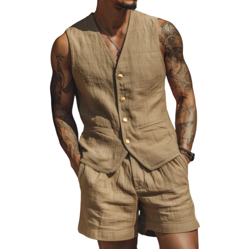 Men's Casual Breathable Cotton Linen V-neck Single-breasted Suit Vest Shorts Set MTA1844F2M sold by Manly