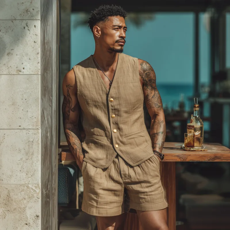 Men's Casual Breathable Cotton Linen V-neck Single-breasted Suit Vest Shorts Set MTA1844F2M sold by Manly product image thumbnail 3