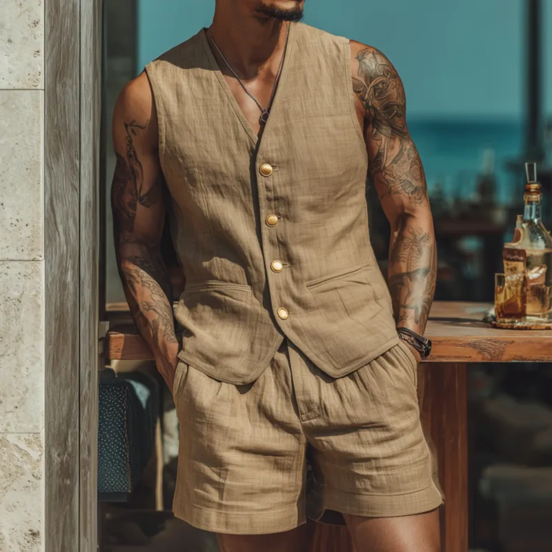 Men's Casual Breathable Cotton Linen V-neck Single-breasted Suit Vest Shorts Set MTA1844F2M sold by Manly product image thumbnail 2