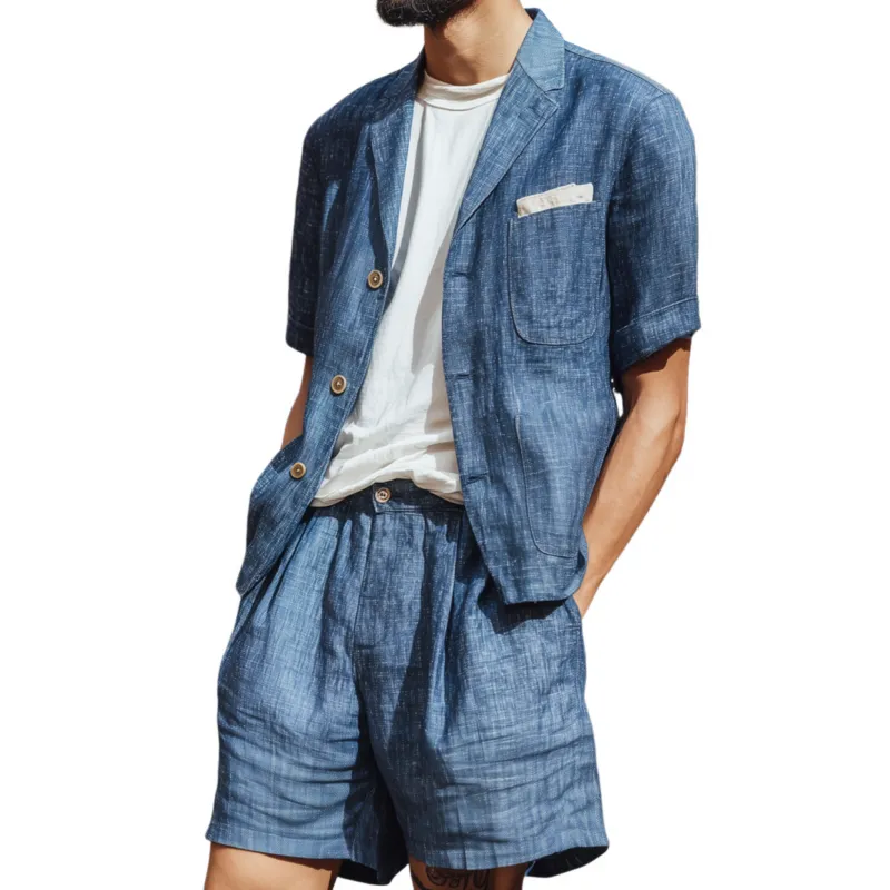 Men's Casual Cotton Linen Notch Lapel Single-breasted Short-sleeved Shirt And Shorts Set (T-shirts Excluded) MTA1850F3M sold by Manly