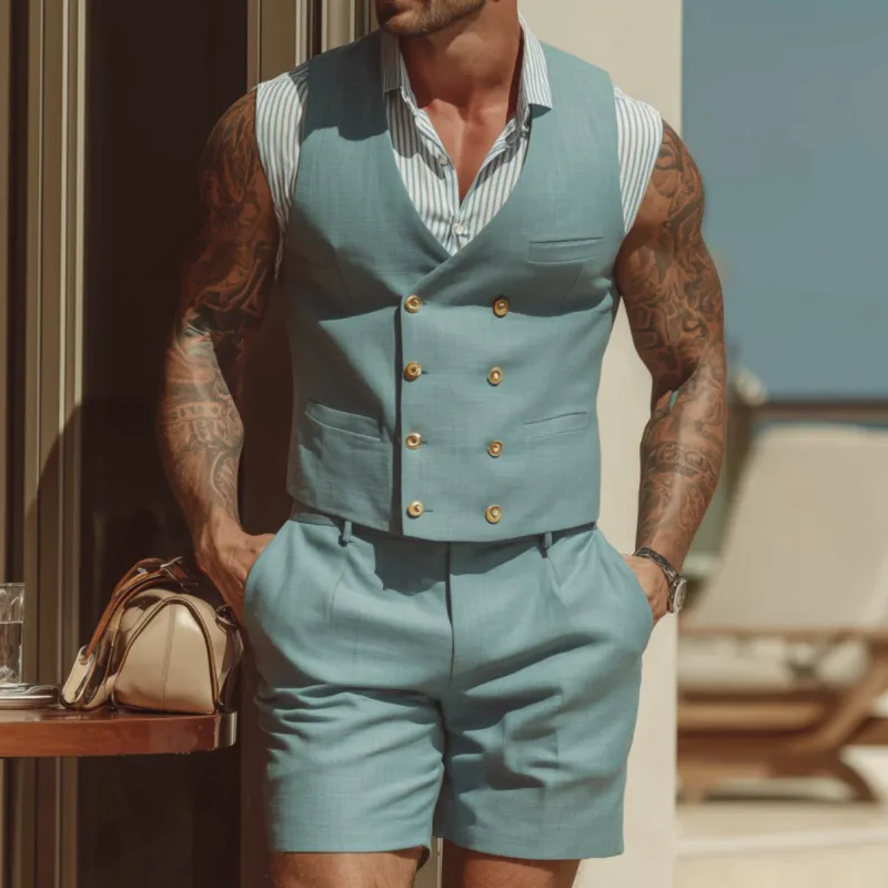 Men's Vintage Elegant Cotton Blend V-Neck Double-Breasted Slim Fit Suit Vest Shorts Set (Shirt Excluded) MTA1840F6M sold by Manly product image thumbnail 2