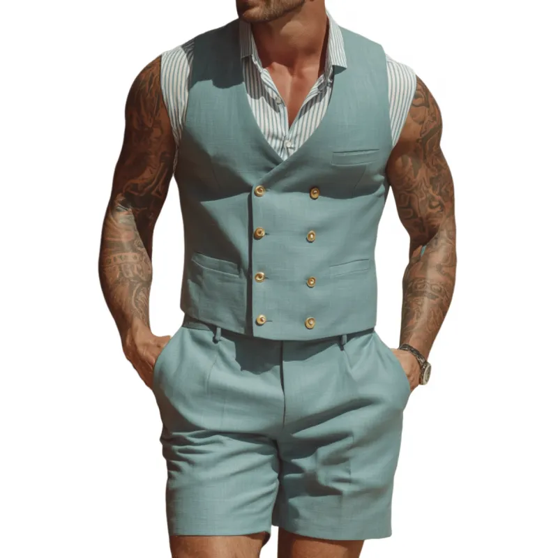 Men's Vintage Elegant Cotton Blend V-Neck Double-Breasted Slim Fit Suit Vest Shorts Set (Shirt Excluded) MTA1840F6M sold by Manly