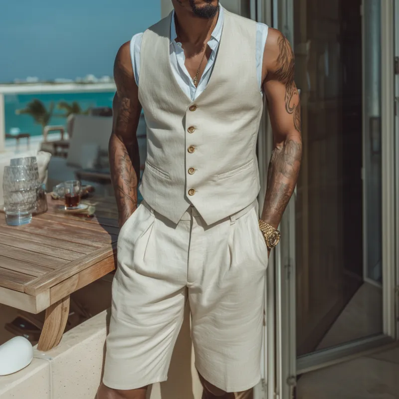 Men's Vintage Elegant Cotton Blend V-neck Single-breasted Slim Fit Suit Vest Shorts Set (T-Shirt Excluded) MTA1846F8M sold by Manly product image thumbnail 2