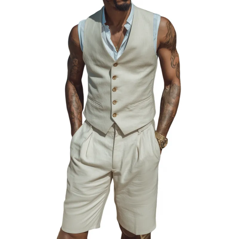 Men's Vintage Elegant Cotton Blend V-neck Single-breasted Slim Fit Suit Vest Shorts Set (T-Shirt Excluded) MTA1846F8M sold by Manly