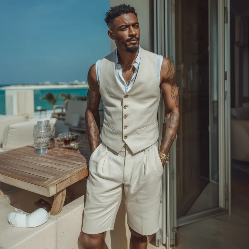 Men's Vintage Elegant Cotton Blend V-neck Single-breasted Slim Fit Suit Vest Shorts Set (T-Shirt Excluded) MTA1846F8M sold by Manly product image thumbnail 3