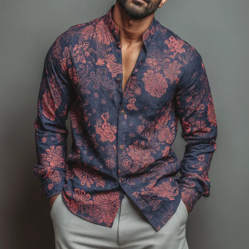 Men's Vintage Contrast Floral Print Stand Collar Slim Fit Long Sleeve Shirt MTA1848F3M sold by Manly product image thumbnail 2