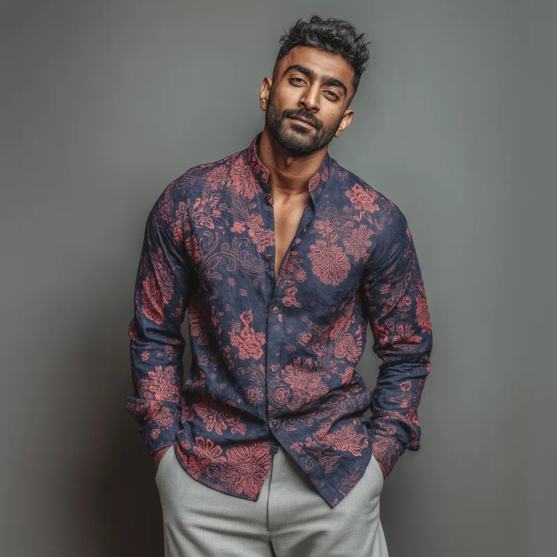 Men's Vintage Contrast Floral Print Stand Collar Slim Fit Long Sleeve Shirt MTA1848F3M sold by Manly product image thumbnail 3