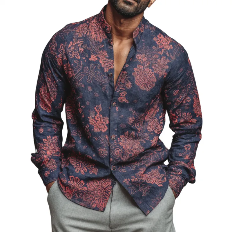 Men's Vintage Contrast Floral Print Stand Collar Slim Fit Long Sleeve Shirt MTA1848F3M sold by Manly