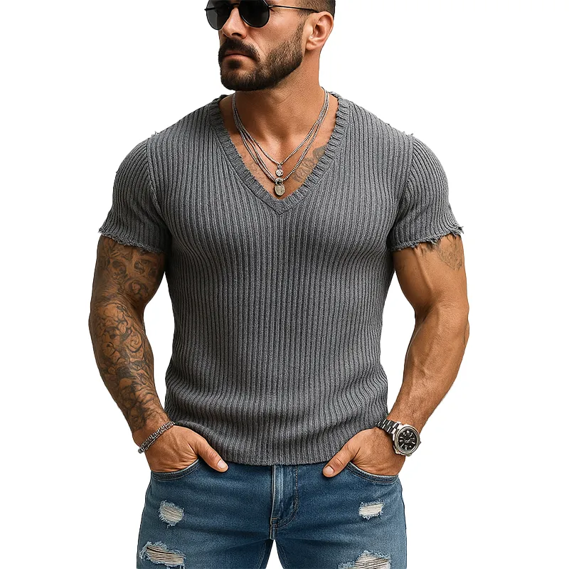 Men's Summer Fashion Elegant Thin Knitted V-neck Short Sleeve T-shirt MTA1865F3P sold by Manly