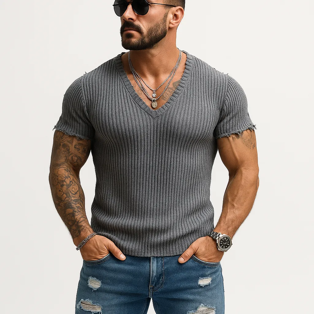 Men's Summer Fashion Elegant Thin Knitted V-neck Short Sleeve T-shirt MTA1865F3P sold by Manly product image thumbnail 2