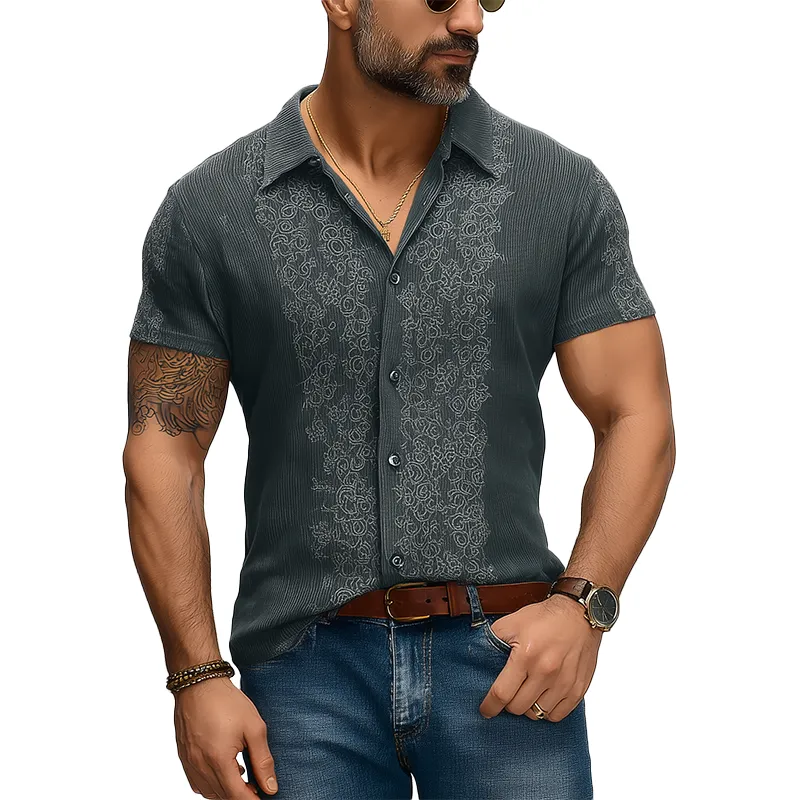Men's Summer Fashion Embroidery Knitted Striped Short Sleeve Shirt MTA1831F0P sold by Manly