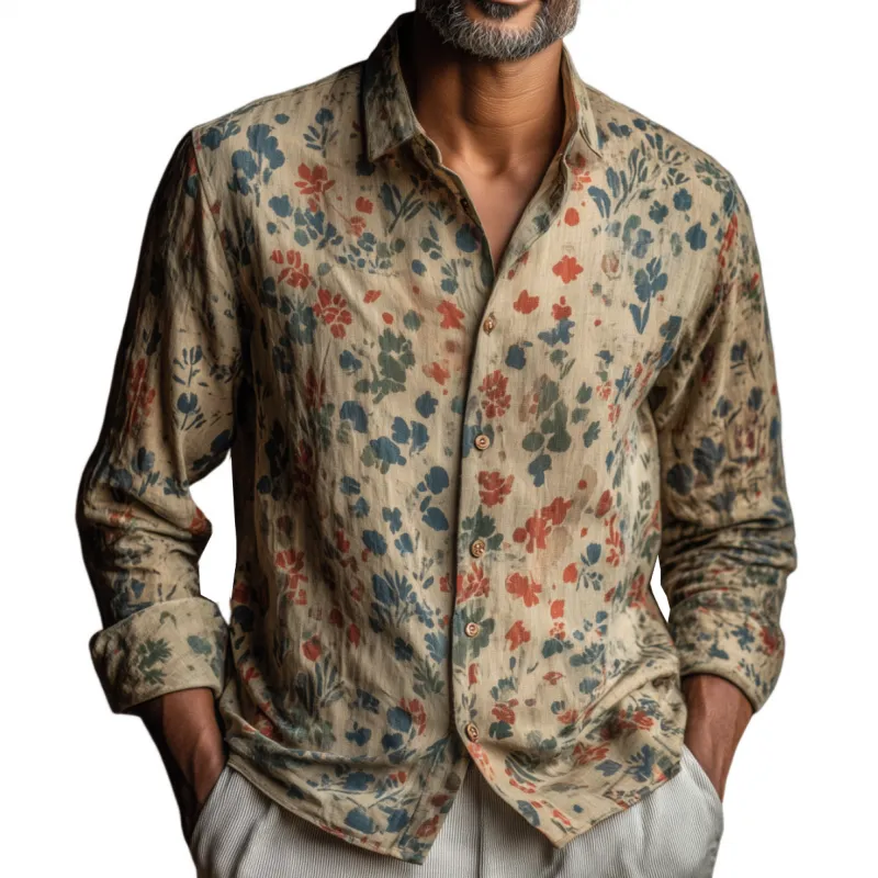 Men's Vintage Distressed Floral Print Lapel Slim Fit Long Sleeve Shirt MTA1816F3M sold by Manly