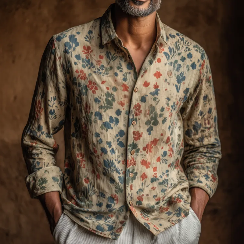 Men's Vintage Distressed Floral Print Lapel Slim Fit Long Sleeve Shirt MTA1816F3M sold by Manly product image thumbnail 2