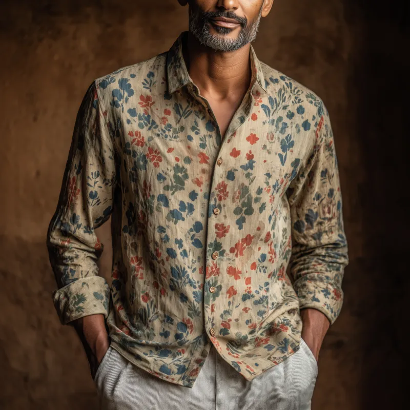 Men's Vintage Distressed Floral Print Lapel Slim Fit Long Sleeve Shirt MTA1816F3M sold by Manly product image thumbnail 3