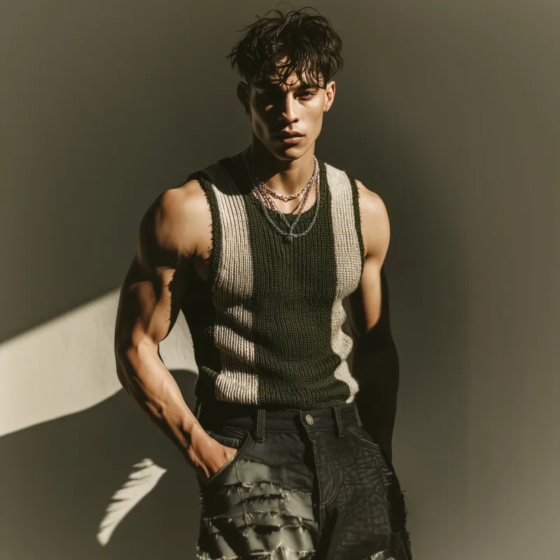 Men's Casual Round Neck Contrast Color Slim Fit Breathable Knitted Tank Top MTA1850F6M sold by Manly product image thumbnail 3