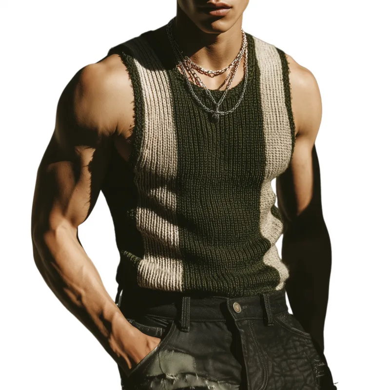 Men's Casual Round Neck Contrast Color Slim Fit Breathable Knitted Tank Top MTA1850F6M sold by Manly