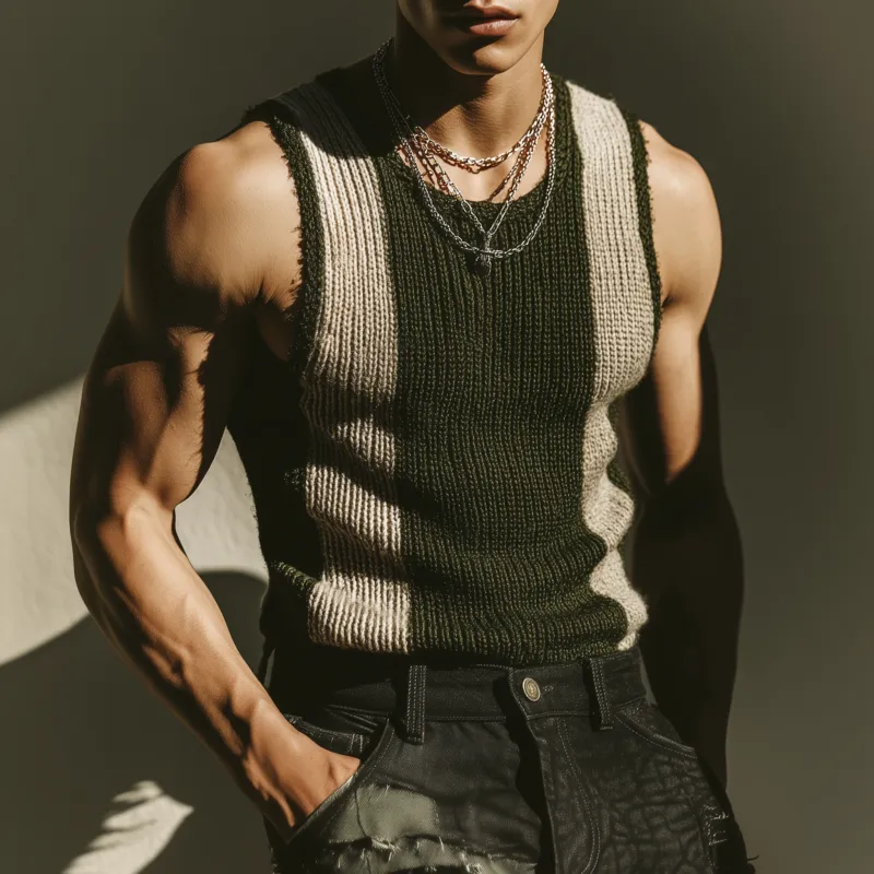 Men's Casual Round Neck Contrast Color Slim Fit Breathable Knitted Tank Top MTA1850F6M sold by Manly product image thumbnail 2