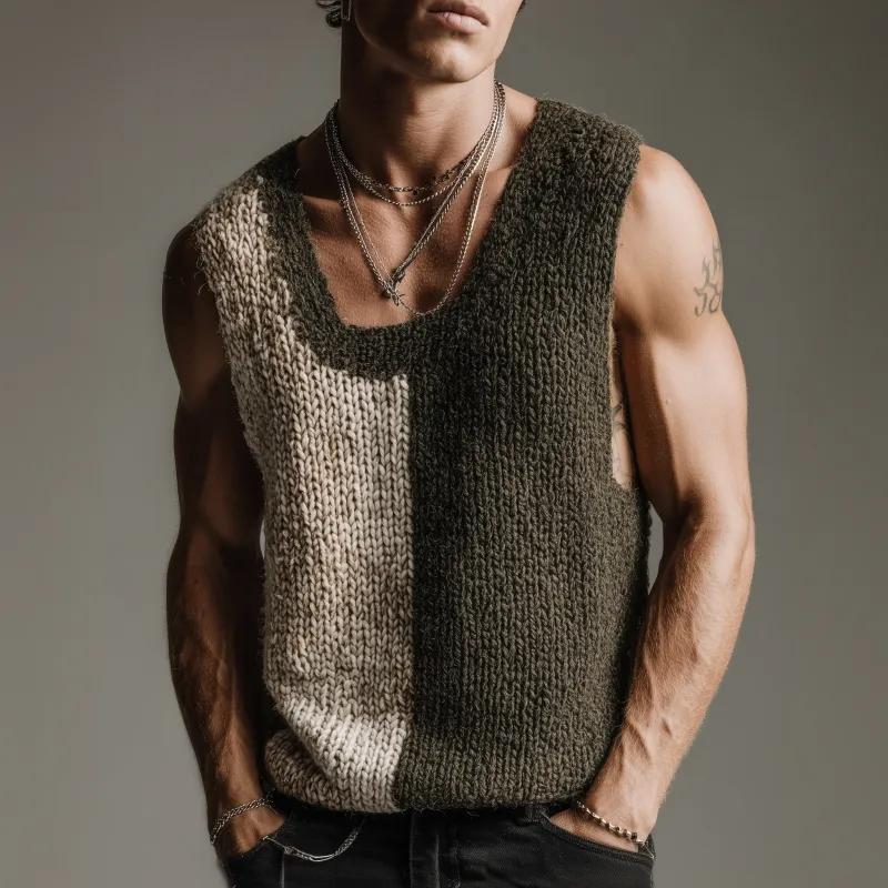 Men's Casual U-neck Contrast Color Slim Fit Breathable Knitted Tank Top MTA1896F2M sold by Manly product image thumbnail 3