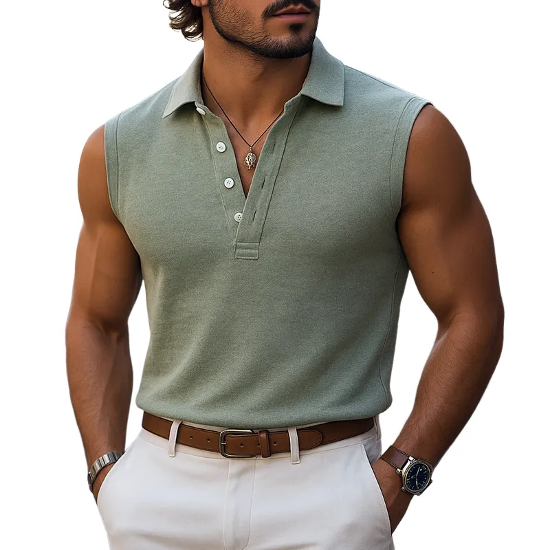 Men's Cozy Breathable Cotton Lapel Sleeveless Tank Top MTA1809F8Z sold by Manly