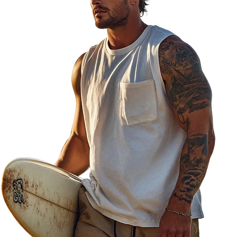 Men's Cozy Breathable Cotton Round Neck Sleeveless Chest Pocket Tank Top MTA1895F7Z sold by Manly